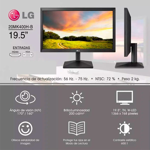 Monitor LED LG 20 pulgadas HDMI VGA 1366 X 768 20MK400H - SMART UNIVERSE S.A